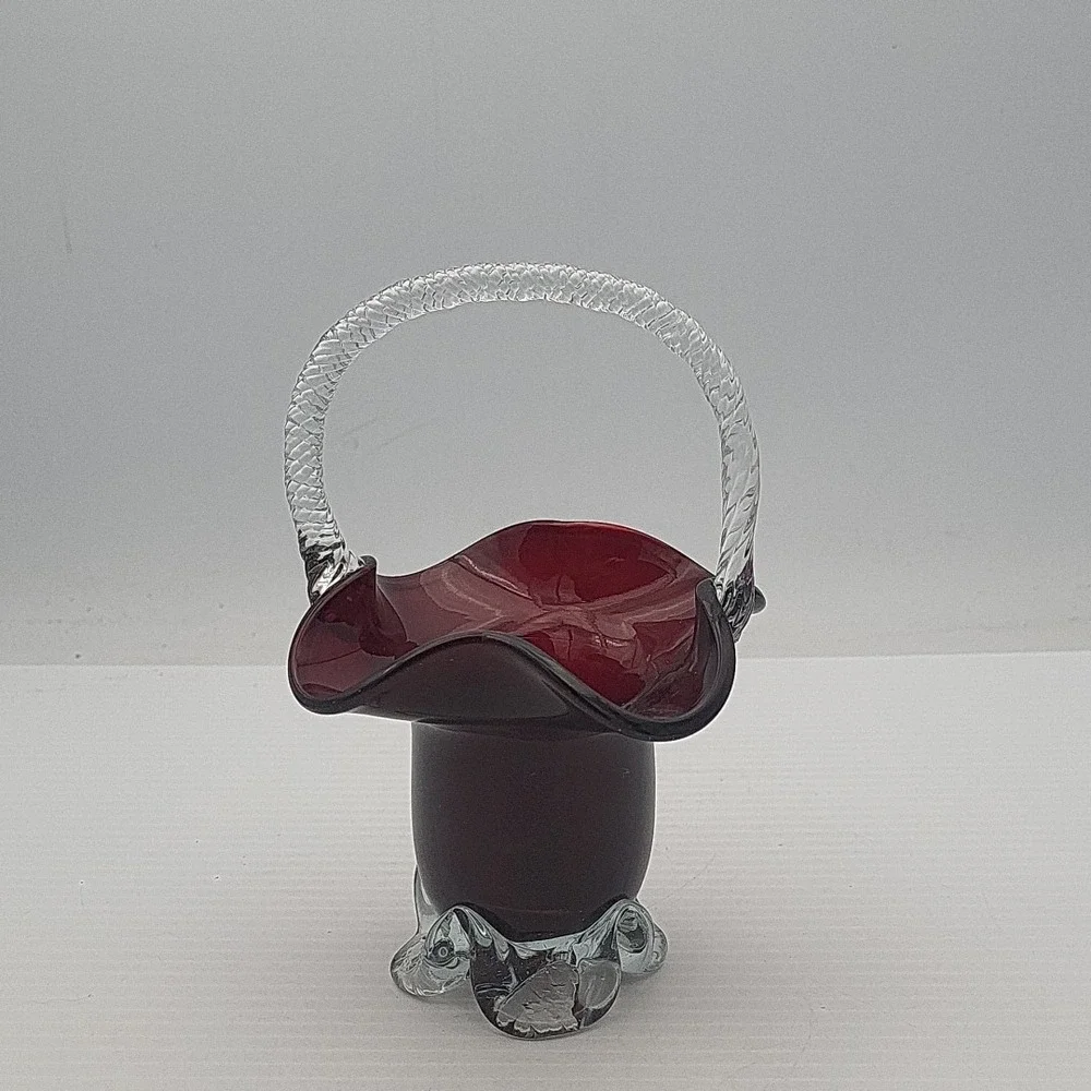 Vintage Dark Purple Glass Basket w/Wavy Edge‎ and Clear Glass Rope Handle